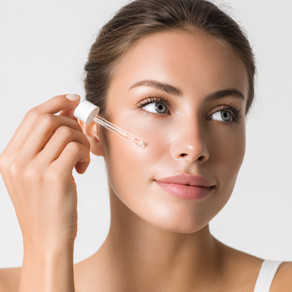 Woman applying dropper of skincare product to her face against a neutral background

