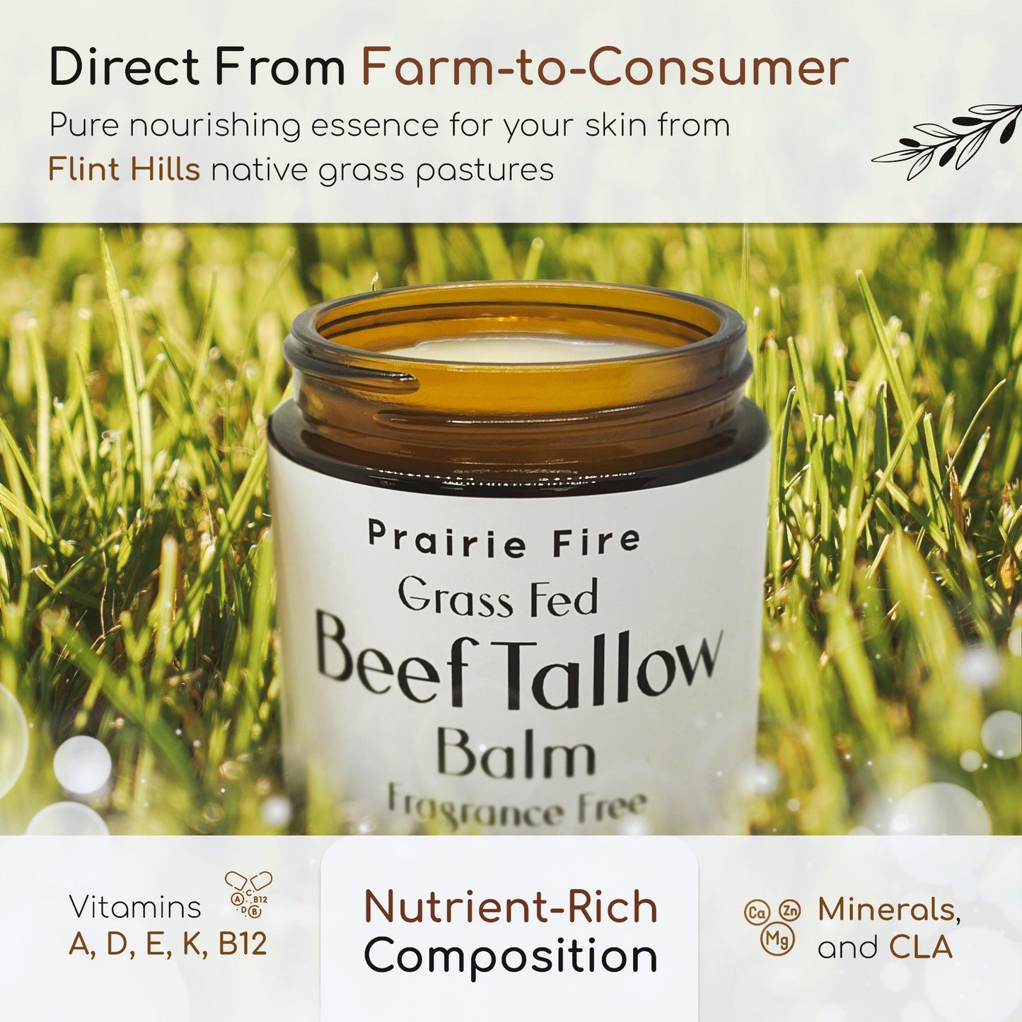 Grass Fed Beef Tallow Balm - 8 oz - Grown and Made in USA - Organic Grass Fed and Finished Tallow - Moisturizing Skin Care